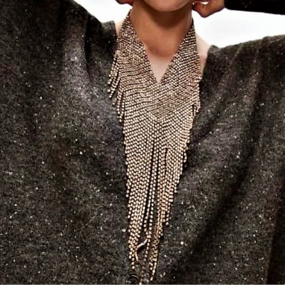 Natasha Jewelry - Vintage Natasha V-Shaped Rhinestone Bib Necklace Gold-Tone Statement Fringe